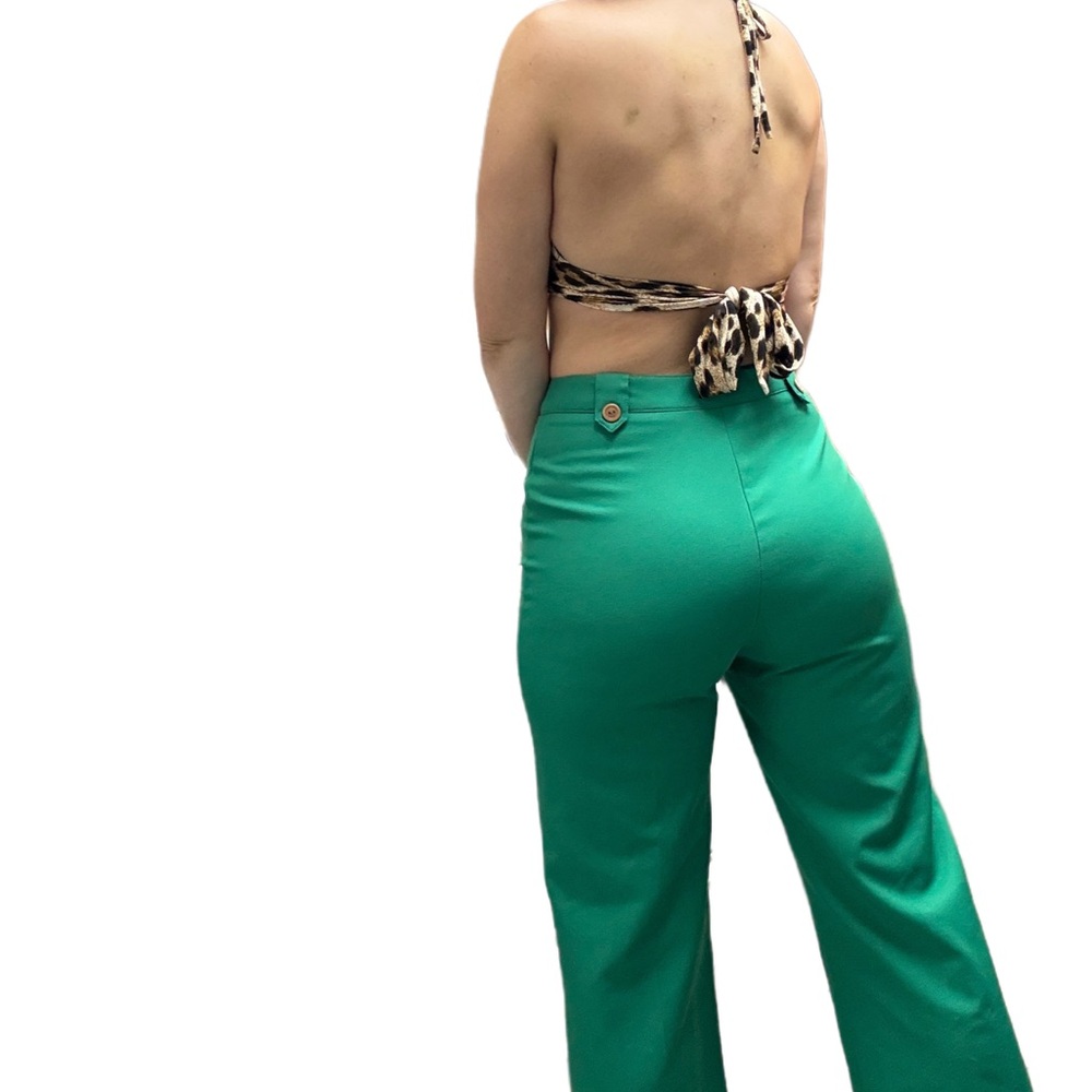 Vintage mod Vibrant Green high waisted front
Button  Flared Pants 26” - Picture 2 of 7